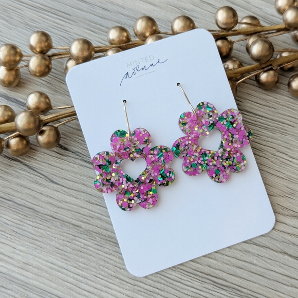 Handmade St Patrick Day Clover Earrings, Acrylic Shamrocks - Picture 2 of 3